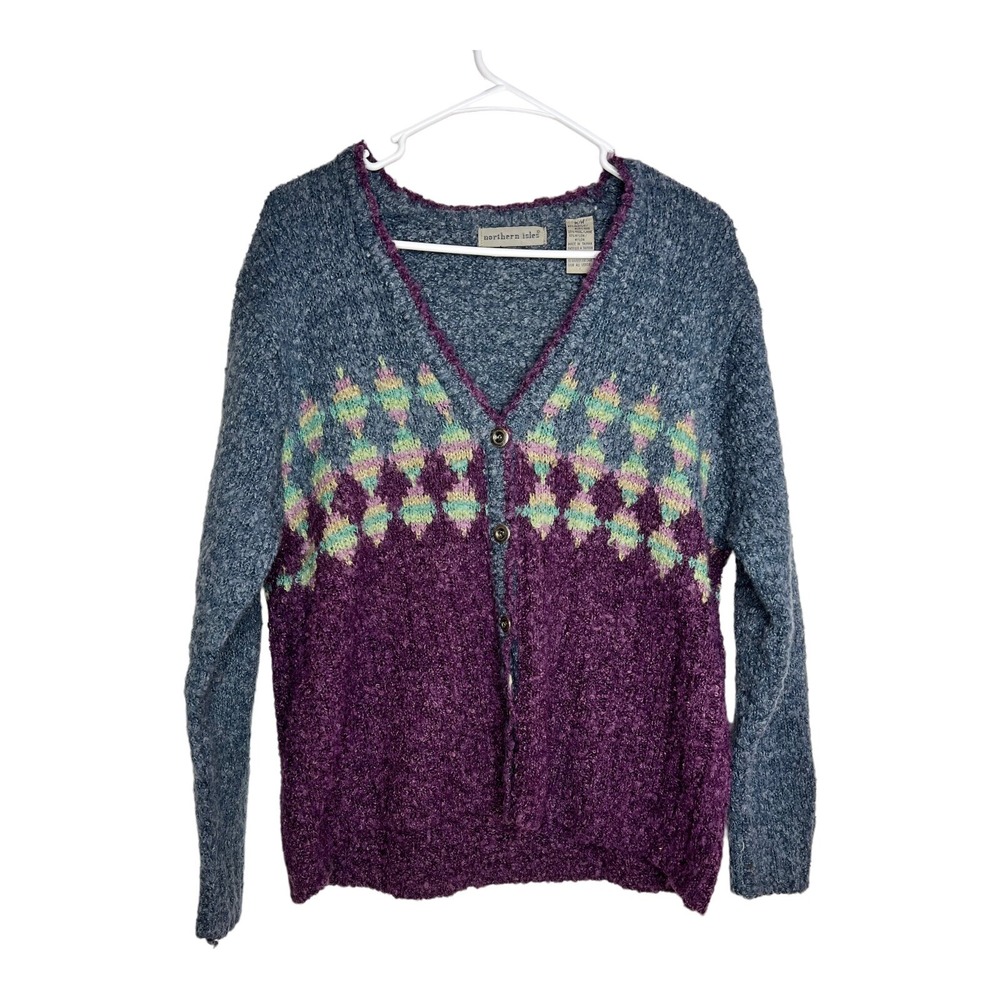 Northern Isles Wool Blend V Neck Purple Blue Soft  Cottagecore Womens M Cardigan